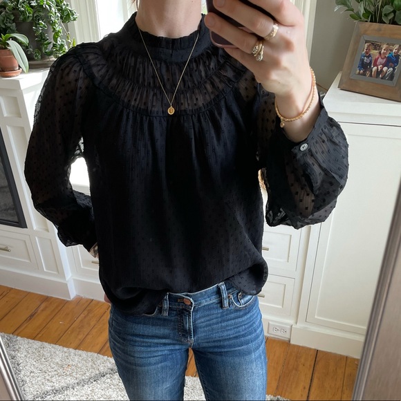 Loft clip dot shirred ruffle neck blouse. - Picture 2 of 10